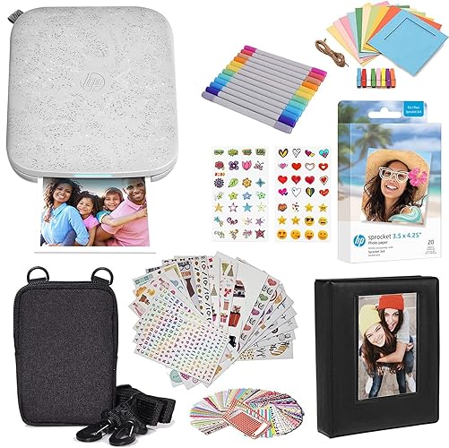HP Sprocket 3x4 Instant Photo Printer - Kit: 20 Pack Zink Paper, Case, Photo Album, Markers, Sticker Sets, White - Gift Bundle