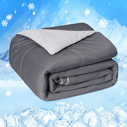 HOMFINE Cooling Comforter Japanese Double-Sided Cold Tech Fabric Cooling Blanket for Night Sweats Hot Sleepers, Q-Max 0.45 Soft Breathable Silky Smooth Lightweight Grey Summer Comforter Queen - Grey - Queen (90"x90")