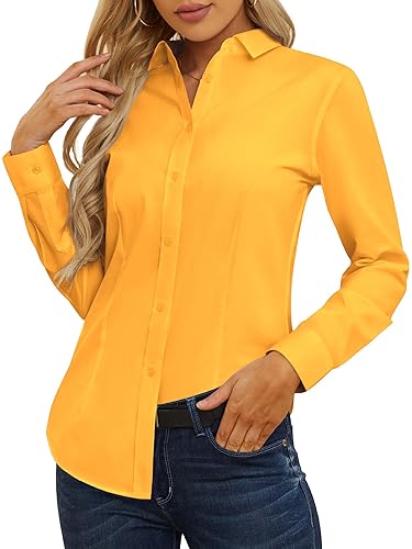 CUNLIN Womens Cotton Button Down Shirts for Women Fitted Long Sleeve Formal Dress Shirt Work Blouses Tops - X-Large - Gold
