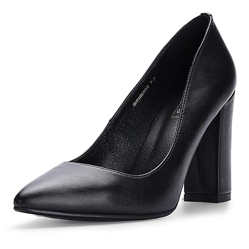 IDIFU Women's IN4 Chunky-HI Block High Heels Closed Pointed Toe Pumps Dress Office Shoes for Women - 8.5 - Black Pu
