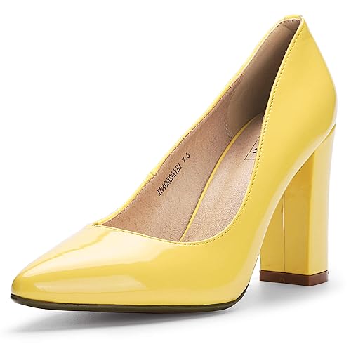 IDIFU Women's IN4 Chunky-HI Block High Heels Closed Pointed Toe Pumps Dress Office Shoes for Women - 8.5 - Yellow Patent