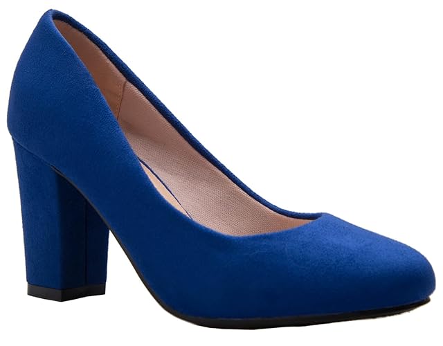 Olivia K Women's Classic Round-Toe Platform Pumps High Block Heel - Adorable, Comfortable - 9 - Royal Blue Suede