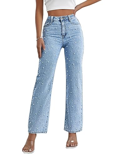 Kedera Women's High Waisted Jeans Boyfriend Baggy Wide Straight Leg Casual Denim Pants Trousers - Light Blue - X-Large