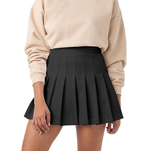SCKTOO Womens Girl High Waisted Pleated Tennis Skirt School A-Line Skater Skirts with Lining Shorts - X-Large - Black