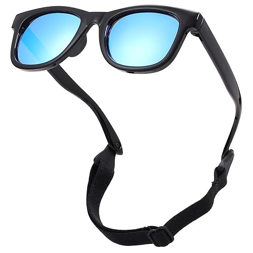 COASION Bendable Flexible Polarized Newborn Baby Sunglasses with Strap for Infant Boys Girls Age 0-12 Months CA8042 - C3* Black/Blue Mirror - 1.53 Inches