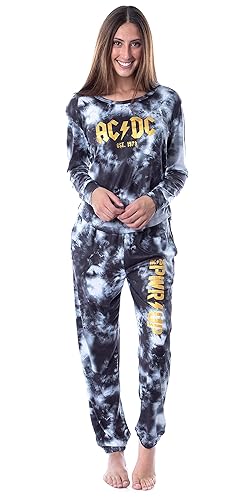 INTIMO ACDC 1973 Logo Long Sleeve Womens' Rock Band Tie Dye Lounge Jogger PJ Set - Large - Black