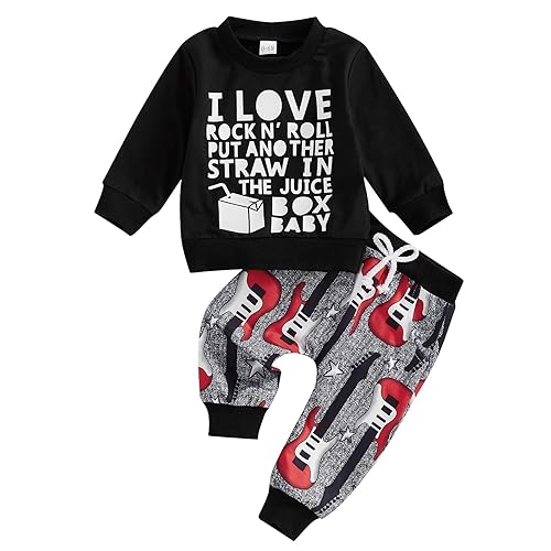 Karuedoo Toddler Baby Boy Clothes Letter Print Long Sleeve Sweatshirt Top Guitar Pants Set 2Pcs Fall Winter Outfit - Black - 3-6 Months