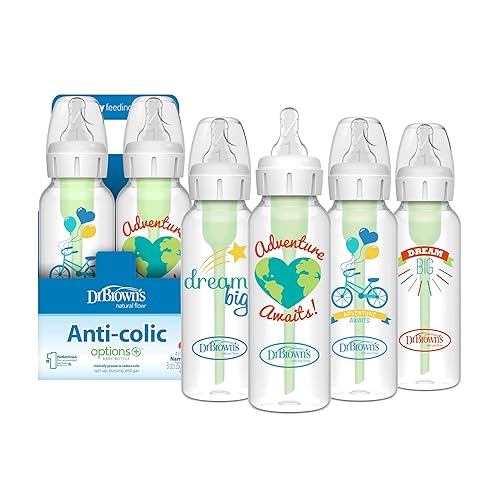 Dr. Brown's Natural Flow Anti-Colic Options+ Narrow Baby Bottle, Dream Adventure, 8 oz/250 mL, with Level 1 Slow Flow Nipple, 0m+, 4 Count (Pack of 1) - 4 Pack, 8oz, Dream Adventure