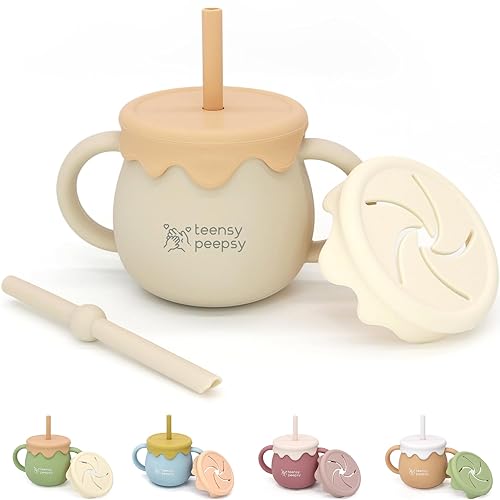 Honey Jar Pot 3-in-1Silicone Training Cup 8.5oz, Unisex Baby Sippy Cup with Straw & Snack Cup for 6 months+ Break Resistant Straw Cup, Open Cup Toddler Smoothie (Sandy Beige) - Sandy Beige