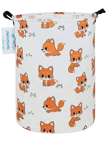 LANGYASHAN Laundry Basket Canvas Fabric Collapsible Organizer Basket for Storage Bin Toy Bins Gift Baskets Bedroom Clothes Children Nursery Hamper (Round Fox) - Fox