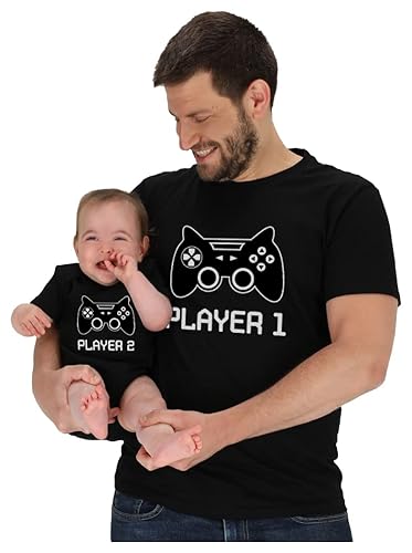 Gamer Dad and Baby Matching Outfits Gifts for New Dads Player 1 & Player 2 Funny Fathers Day Daddy and Me Outfits - Dad Large / Baby 12M (6-12M) - Dad Black / Baby Black