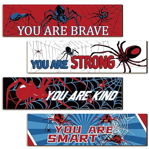 Geetery 4 Pcs Bedroom Wall Decor Boys Spider Room Decor for Kids Inspirational Wooden Hanging Sign Motivational Quote Car Wall sign for Boys Kids Nursery Playroom Kindergarten(11.8 x 3.1 Inch) - 11.8 x 3.1 Inch