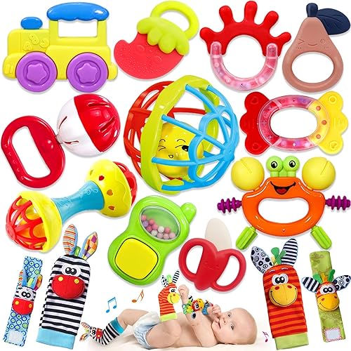 Baby Rattles 0-6 Months: Newborn Infant Teething Toys - Set with Wrist Socks - red