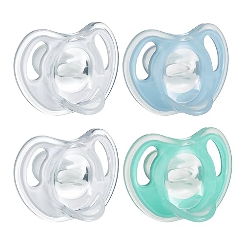 Tommee Tippee Ultra-Light Silicone Pacifier, Symmetrical One-Piece Design, BPA-Free Silicone Binkies, 0-6m, 4-Count - Clear/Blue/Green