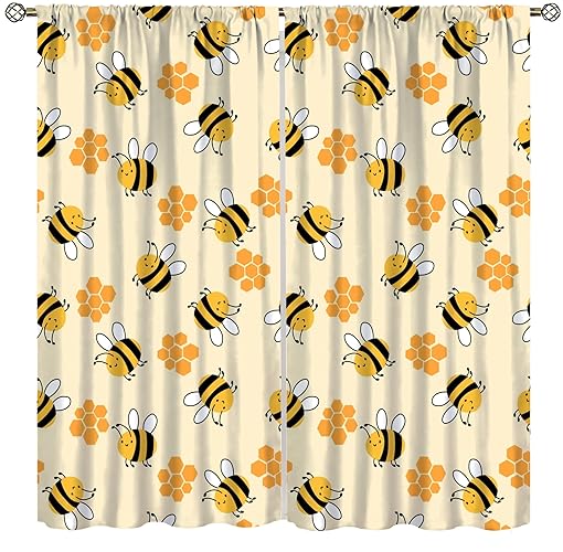 Yellow Cartoon Bee Blackout Curtains, Wing Insect Honey Honeycomb Printed Rod Pocket Thermal Insulated Window Curtain for Bedroom Living Room Decor 42" W X 45" L - 21"W x 45"L (Pack of 2) - Style-9