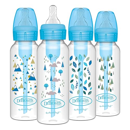 Dr. Brown's Natural Flow Anti-Colic Options+ Narrow Baby Bottle, Blue Nature, 8 oz/250 mL, with Level 1 Slow Flow Nipples, 0m+, 4 Pack - 4 Pack, 8oz, Blue Nature