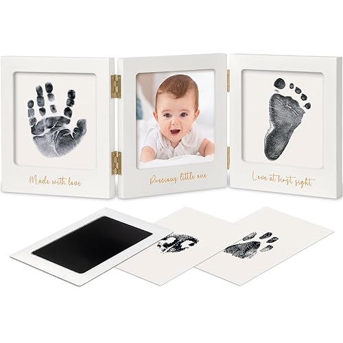 Inkless Baby Handprint and Footprint Kit for Newborn - Baby Footprint Kit, Newborn Keepsake Nursery Picture Frame, Dog Paw Print Maker, Personalized Gifts for Baby Shower, Mother's Day (White/Gold) - White/Gold