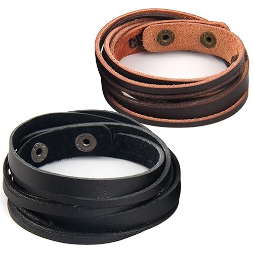Chic Exquise Designs Handmade Genuine Vintage Leather Wrist Cuff Wrap Bracelet Adjustable - C: 2 Pcs set (Brown and Black)