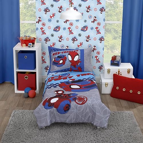NoJo Marvel Spiderman Spidey and his Amazing Friends Spidey Time Red, Blue, and Grey 4 Piece Toddler Bed Set - Comforter, Fitted Bottom Sheet, Flat Top Sheet, and Reversible Pillowcase - Red, Blue, Grey