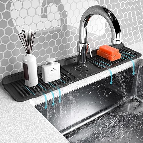 Folding faucet mat for kitchen sink-sink splash guard behind faucet-silicone kitchen faucet mat-faucet draining mat of sink accessories with button lock - Black