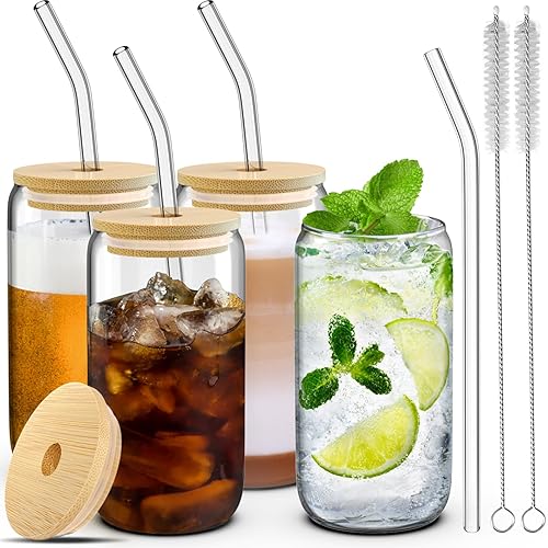 4 Set Glass Cups with Lids and Straws 16 oz, Glasses Drinking Set, Iced Coffee Cup with Bamboo Lids, Drinking Glasses Tumbler with Straw and Lid, Glass Can Coffee Cups, Drinking Glassware, 2 Brushes - Clear
