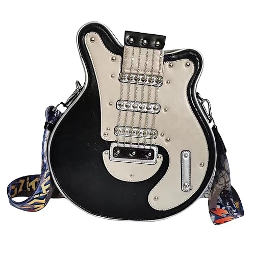 Men and Women Music Guitar Shaped Crossbody Shoulder Bag PU Leather Unique Novelty Guitar Purse - Black