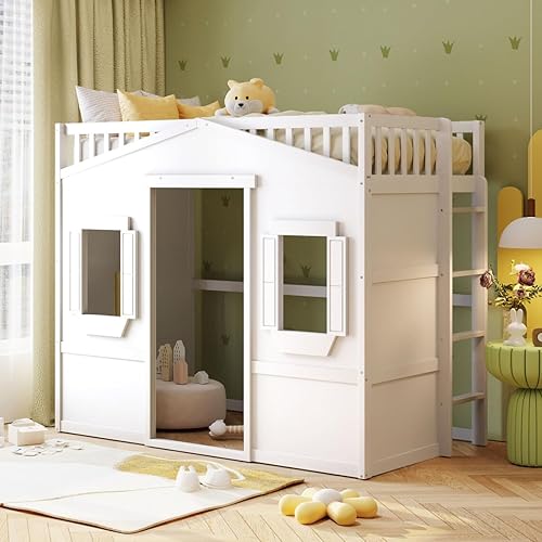 TURRIDU Twin Size Designs House Loft Bed, House Bed Frame with Ladder and Safety Guardrails,Ki-ds Playhouse Bed with Window and Ladder,for Girls Boys, White - 77.5*42.8*68in - White