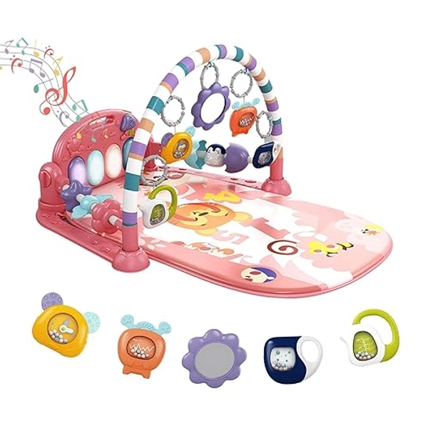 dearlomum Baby Play Mat Baby Gym,Funny Play Piano Tummy Time Baby Activity Mat with 5 Infant Sensory Baby Toys, Music and Lights Boy & Girl Gifts for Newborn Baby 0 to 3 6 9 12 Months (Pink) - Tiger (Pink)