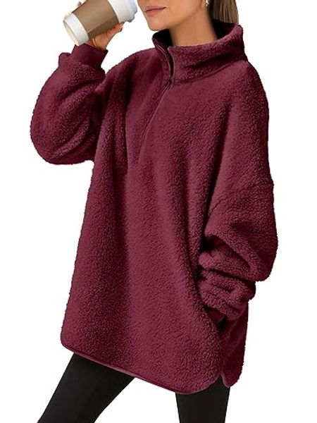 ANRABESS Women's Zip Up Sweatshirt Sherpa Fuzzy Fleece Hoodies Cozy Pullover Soft Sweaters Tops 2024 Fall Trendy Clothes - Burgundy - X-Large