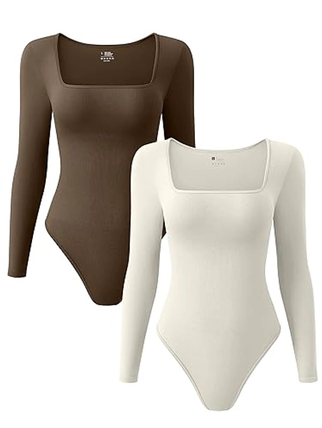 OQQ Women's 2 Piece Bodysuits Sexy Ribbed One Piece Square Neck Long Sleeve Bodysuits - Coffee Beige - Small