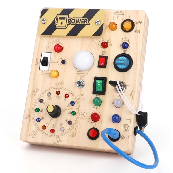 Montessori Toys Clock Wooden Busy Board with 11 LED Light switches, Tooddler Toys Sensory Toys Travel Toys for 1+ Year Old Baby and Toddler