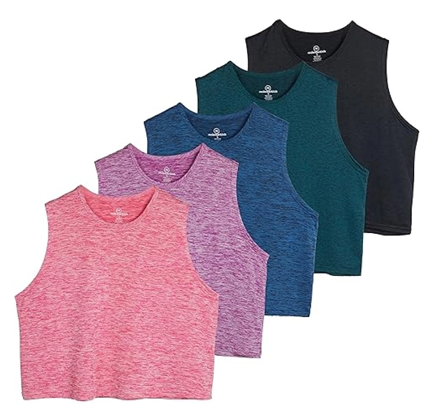 Real Essentials 5 Pack: Women's Dry Fit Crop Summer Tank Top - Gym Yoga Workout Sports Tee (Available in Plus Size) - Standard - Large - Set 1