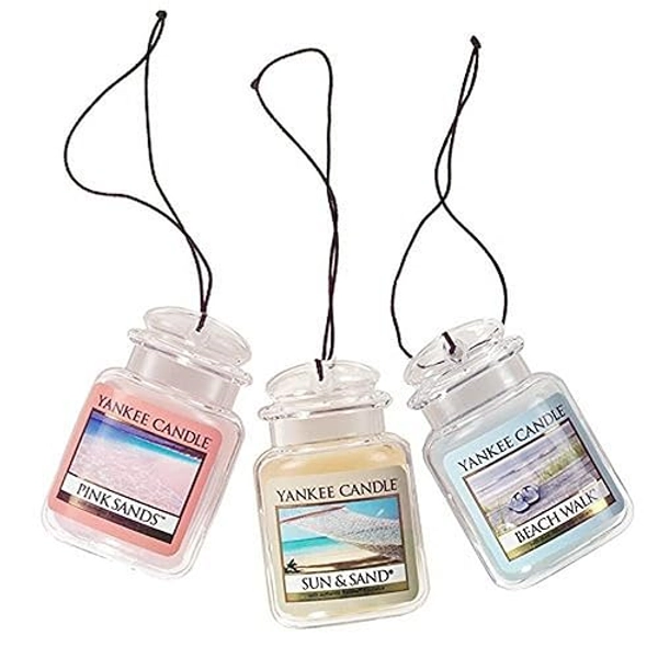 Yankee Candle Hanging Car Jar® Ultimate 3-Pack Air Fresheners, Neutralizes Odors Up to 30 Days, Includes: Beach Walk, Pink Sands, and Sun and Sand (Pack of 3) - 1.5 Ounce (Pack of 1) - Pink Sands, Beach Walk, Sun & Sands