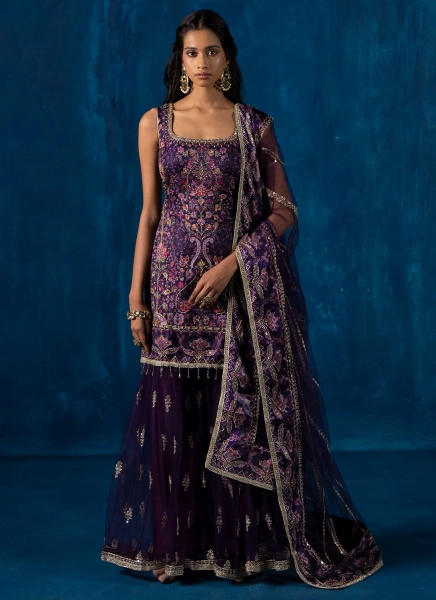 Purple Multicolor Embroidered Gharara Suit | Default Title