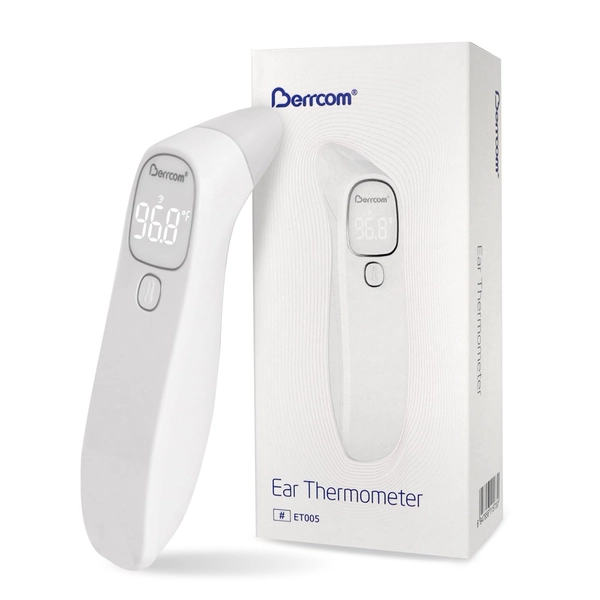 Berrcom Forehead and Ear Thermometer for Adults and Kids, Infrared Digital Thermometer with Fever Alarm, Large LED Display Baby Thermometer with Battery - Silver