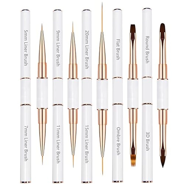 Qzqetet Nail Art Brushes Set - Professional 5pcs Double-Ended Acrylic Nail Art Brushes Liner Detail Thin Brushes For Drawing Design Brushes Gel Builder Brushes 3D Nail Art Tools For Salon At Home DIY Manicure Nail Art Tool Kit (White) - White