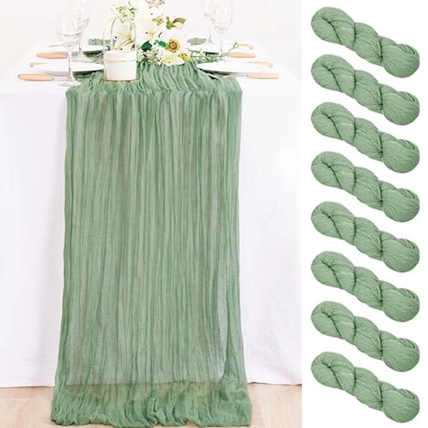 MLMC 8 Pack Sage Green Cheesecloth Table Runner 10ft Wrinkled Rustic Spring Table Runner Bulk 35x120 Inches for Easter Bridal Baby Shower Decor - Sage Green - 10 ft - 8 Pack