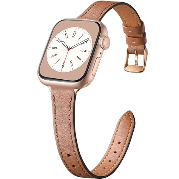Charlam Slim Leather Band Compatible with Apple Watch Band 40mm 38mm 41mm 42mm 44mm 45mm 46mm Women,Top Grain Genuine Leather Strap Thin Watch Wristband for iWatch Series 10 9 8 7 6 5 4 3 2 1 SE Ultra - A1: Brown with Rose Gold - 38mm/40mm/41mm/42mm(Series 10)