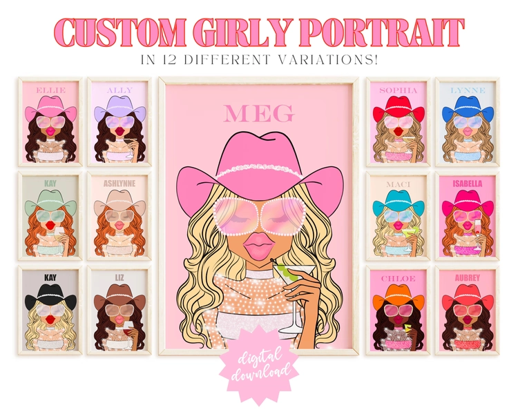 custom girly portrait 6 college apartment decor aesthetic preppy wall art, coastal cowgirl bachelorette sign decor, bar cart art funky decor
