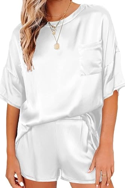 Ekouaer Satin Pajamas for Women Short Sleeve Silk Pajama Sets Soft Sleepwear Top with Causal Pj Shorts - Pure White - Medium