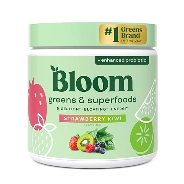Bloom Nutrition Greens and Superfoods Powder for Digestive Health, Greens Powder, Digestive Enzymes, Probiotics, Spirulina, Chlorella for Bloating & Gut Support, Green Juice, 30 SVG, Strawberry Kiwi - Strawberry Kiwi - 30 Servings (Pack of 1)