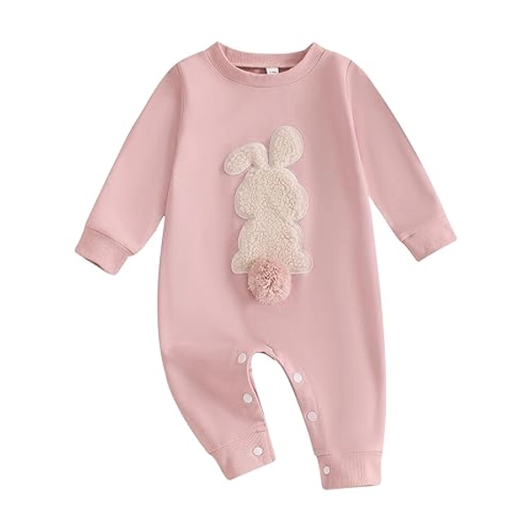 Easter Baby Boy Girl Outfit Embroidery Bunny Rompers Bunny Tail Jumpsuit Unisex Newborn Infant Easter Clothes - Pink - 0-3 Months