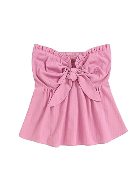 SOLY HUX Women's Frill Trim Tie Front Tube Top Sleeveless Strapless Ruffle Summer Tops - Large - Solid Pink