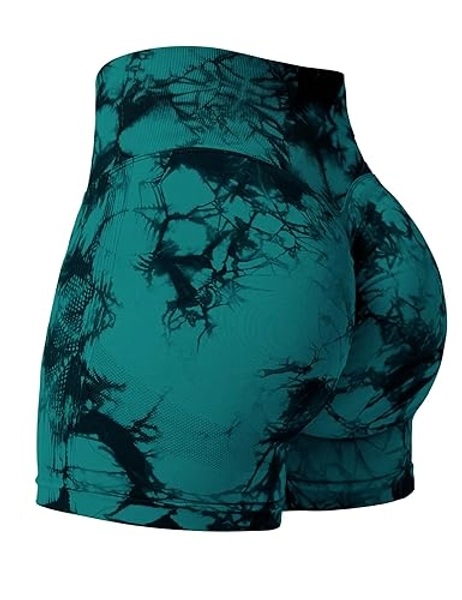 YEOREO Professional Women Workout Shorts 3.6" Scrunch Shorts Seamless High Waisted Contour Gym Yoga Biker Shorts - Blue Green Tie Dye - Medium