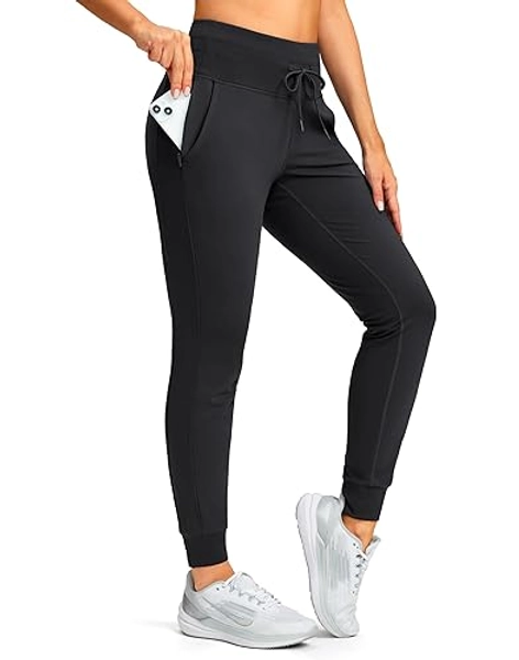 SANTINY Women's Fleece Lined Joggers with Pockets Slim Fit Ski Pants Winter Warm Leggings Hiking Running Gear - Large - Black