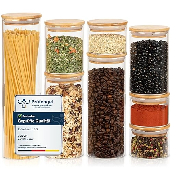 CLIDOR ® Vorratsgläser mit Deckel, Rund I 8er Set I Erhöhte Glasstärke I Vorratsdosen mit Deckel luftdicht I Aufbewahrungsbox Küche für alle Lebensmittel I Glasbehälter I Küchen Organizer - 8er - Rund