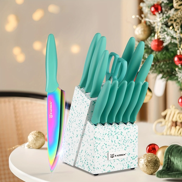 14 Pieces High Carbon Stainless Steel Rainbow Color Kitchen Knife Set, Titanium Coating Blade, No Rust And Super Sharp Cutlery Knife Set With Wooden Stand And Kitchen Scissors, For Family And Resaturant