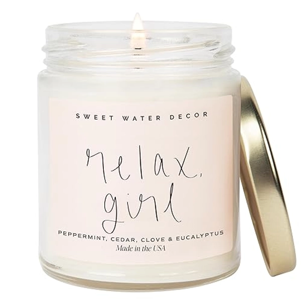 Sweet Water Decor, Relax Girl, Peppermint, Cedar, Clove, and Eucalyptus Scented Soy Wax Candle for Home | 9oz Clear Jar, 40 Hour Burn Time, Made in the USA - Relax Girl Soy Candle