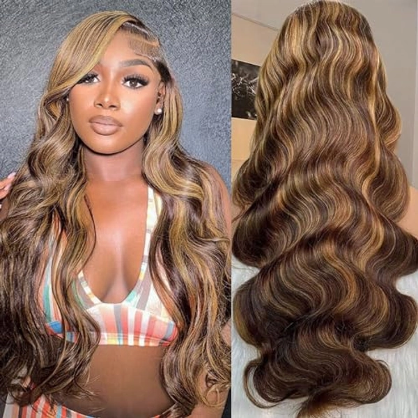 Kesenmu Ombre Lace Front Wig Human Hair - 13x6 HD Body Wave Highlight Lace Frontal Wigs Human Hair Pre Plucked With Baby Hair,180% Density 4/27 colored Glueless Honey Blonde Wig Human Hair 28 inch - 13x6 4/27 body wave wig - 28 Inch