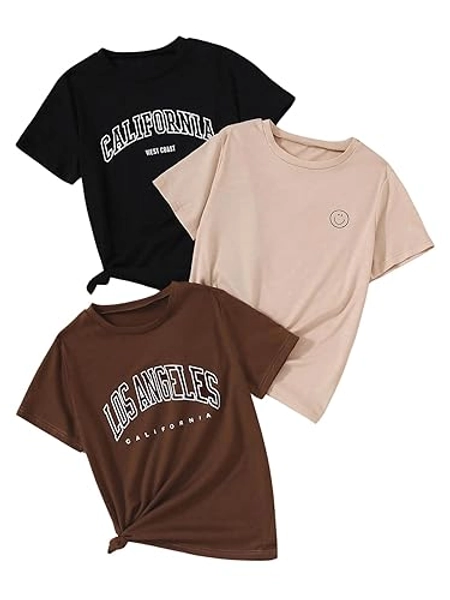 SHENHE Girl's Graphic Tees Crew Neck Short Sleeve Cute Summer Tops 3 Packs T Shirts - 10 Years - Black Brown Apricot